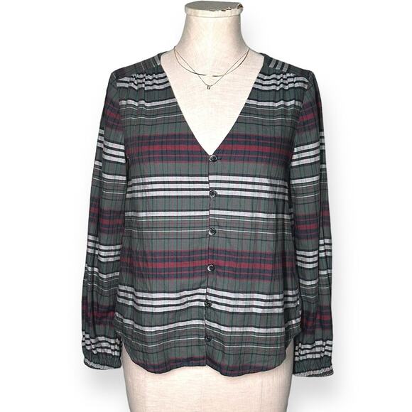 MADEWELL Pineview Plaid Button Front Blouse Top Striped Green Red Cozy Chic S/M - Picture 4 of 13